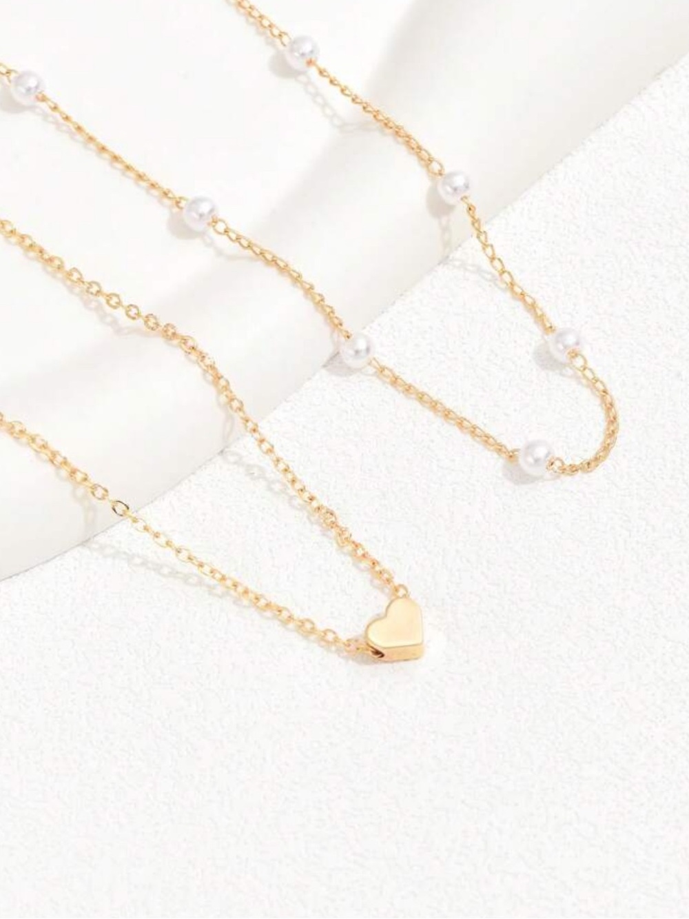 Jewelry stacked necklace viral layer beads, heart, pearl-like yellow gold color - Picture 3 of 4